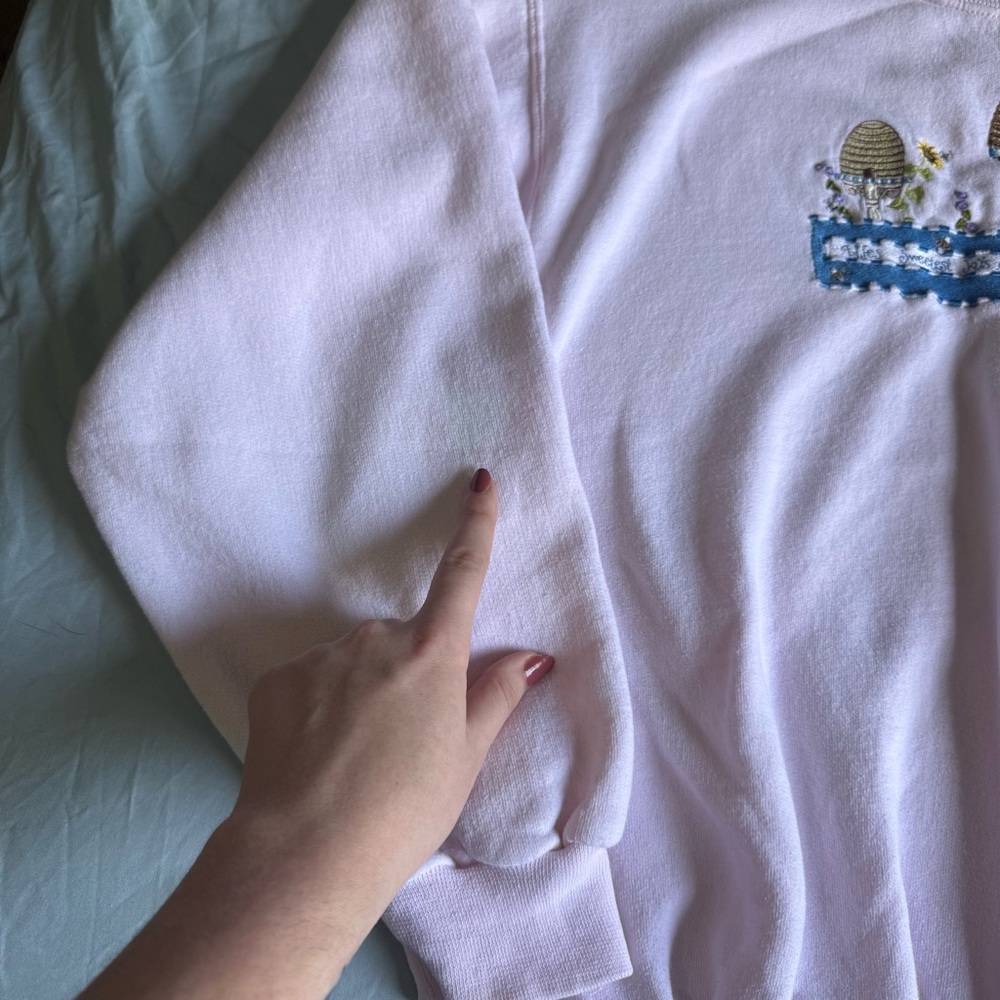 Vintage Jerzees Light Pink Fleece Oversized Sweatshirt Embroidered Garden Bees - Picture 6 of 6